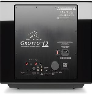 MartinLogan Grotto 12 subwoofer i sort lak, set bagfra med tilslutningspanel og indstillinger