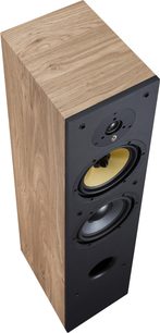 Sloupcový reproduktor Davis Acoustics Ariane 5 v světlém dubu, černý panel, výškový reproduktor, žlutý středový reproduktor, basový reproduktor, basreflex, pohled ze tří čtvrtin