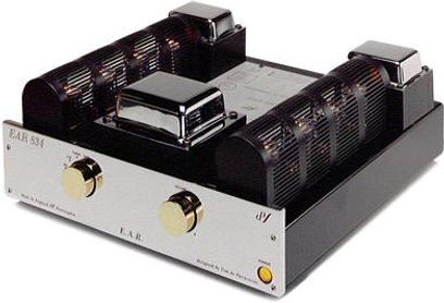 Hi-fi stereo zesilovač EAR Yoshino 834 černý, pohled shora zepředu, zlatý čelní panel s tlačítky a konektory