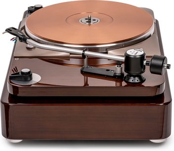 Thorens TD 124 DD pladespiller EKSKLUSIV i valnød, lakeret valnødtræ-chassis, kobberfarvet tallerken, sølvfarvet arm, 3/4 forfra-visning