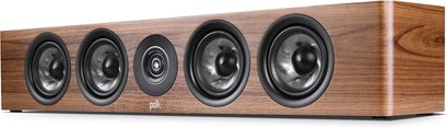 Diffusore centrale Polk Audio R350 in noce, vista frontale, 5 altoparlanti neri su cabinet in legno chiaro