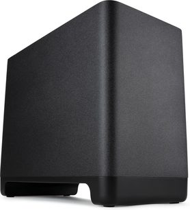 Μαύρο ματ υπογούφερ Polk Audio SUB React, μετωπική όψη, κυβικό σχήμα με στρογγυλεμένες γωνίες