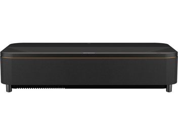 Epson EH-QS100B videoprojektor, eestvaade, must ristkülikukujuline korpus, peen kuldne ääris, tekstuuriga esivõre, lühikesed jalad
