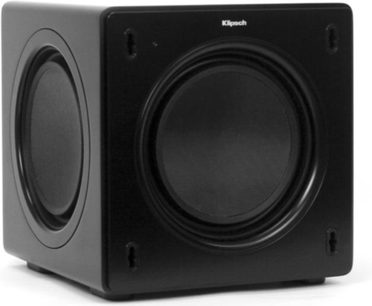 Klipsch SW-308 sort baskabin, set forfra, sort gitter, central rund højttaler, rektangulært kabinet