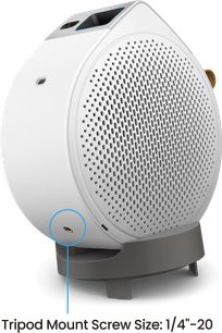 Benq GV50 projektor, højre sidevisning, hvidt kabinet, cirkulært perforeret gitter, gråt stativ, gevindbeslag i bunden