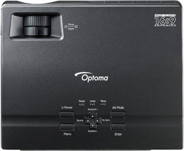 Optoma EP1691i sort videoprojektor, set forfra, med linse, kontrolknapper og USB-port øverst