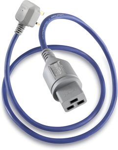 Kabel zasilający sieciowy IsoTek EVO3 Premier CE19 niebieski z szarymi wtykami, wtyczką sieciową UK i złączem C19