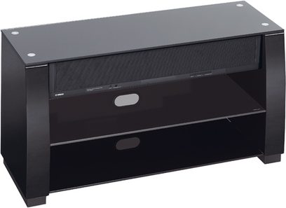 Rektangulært sort TV-møbel fra Yamaha YEF-ST810PF, 2 åbne rum, midterhylde, toppladen med huller til kabler