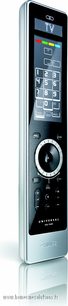 Philips SRU9600 universal fjernbetjening i sølv og sort, slank og aflang, med LCD-skærm og mange knapper, set forfra