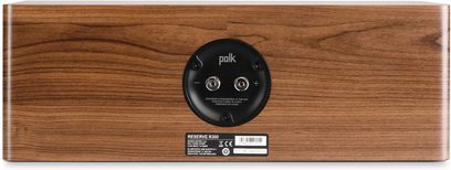 Polk Reserve R300 noce centrale, vista frontale, griglia nera con logo Polk, pulsanti +/-, etichetta modello e finitura