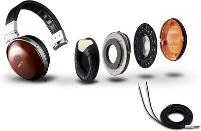 Open hifi-hoofdtelefoon Denon AH-D7000 in bruin en zwart, ronde oorschelpen, gevoerd hoofdbandbeugel, zwarte gevlochten kabel, ontlede weergave