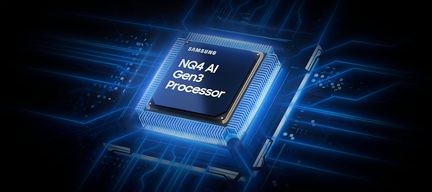 Microprocessore quadrato in metallo blu scuro con la scritta «NQ4 AI Gen3 Processor», visto in primo piano a tre quarti, con involucro lucido bordato da sottili alette argentate e circondato da effetti di circuiti luminosi blu
