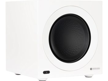 Subwoofer Monitor Audio Anthra W10 blanco satinado, cilíndrico, altavoz negro central, pies blancos