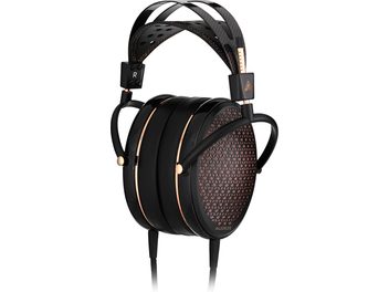 Audeze CRBN2 Open-Back Wired Hi-Fi Headphones, Side View, Black Perforated Headband, Circular Ear Cups, Metal Grill