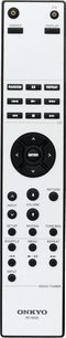 Onkyo RC-830S sort fjernbetjening med knapper og drejeknapper til at styre en hi-fi-forstærker, set forfra