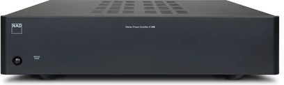 NAD C268 Graphit-Leistungsverstärker, Frontansicht, längliche rechteckige Form, matte schwarze Frontblende, perforiertes Gitter