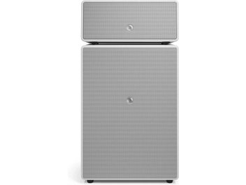 Altavoz inteligente Audio Pro Drumfire II W blanco, vista frontal, con dos módulos superpuestos con rejillas perforadas
