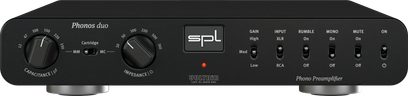 Preamplificatore phono SPL Phonos Duo nero, vista frontale con regolazioni di capacità, impedenza e commutatori XLR RCA