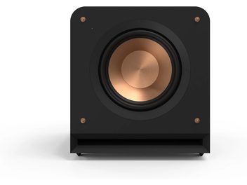 Klipsch RP-1000SW kubisk svart subwoofer, centralt kopparfärgat högtalarelement, handtag, utskjutande bas