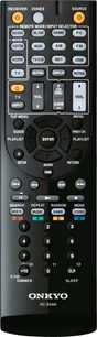 Sort Onkyo RC-834M fjernbetjening med grå og gule knapper, set forfra