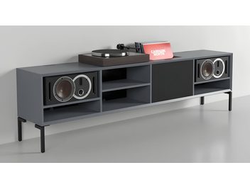 Audio-video nábytok Clic Classic Series Model 240, tmavosivý, kovové nohy, integrované reproduktory, priehradky, čierny stredový panel