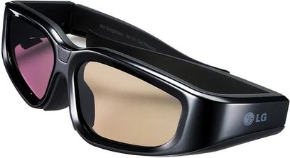 Černé aktivní 3D brýle LG AG-S100, pohled z levé přední strany, fialově tónovaná skla, široké lesklé nožičky