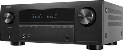 Denon AVC-X2850H hjemmebiograf-forstærker i sort børstet metal, trekvarts forfra, centralt display, to store knapper, jack- og USB-stik