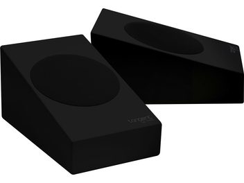 Tangent Spectrum XATM sort bogreolhøjttaler, to rektangulære sorte højttalere, set forfra og fra siden