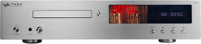 Lettore CD hi-fi Taga Harmony TCD-70T argento, vista frontale, pannello rettangolare in metallo spazzolato, schermo digitale a destra, tubi luminosi visibili, cassetto CD orizzontale, pulsanti circolari e connettori in basso