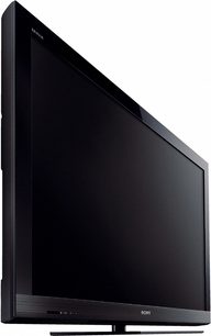 Sony KDL-40CX520 sort fladskærms-TV, set forfra og fra siden, slukket, på hvid baggrund