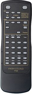 Black Parasound PTZ2 remote control with gray and white buttons to control various audio and video functions