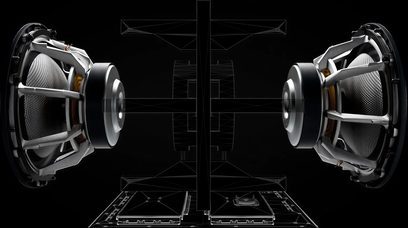 Bowers & Wilkins DB1D sort lakeret subwoofer, eksploderet visning der viser højttalere, intern struktur og åbninger