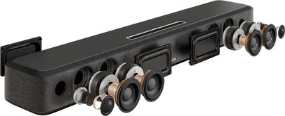 Denon Home 550 black soundbar, front view, with 6 visible speakers and rear connectivity