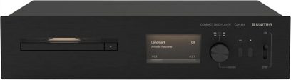 Lecteur CD Unitra CSH-801 noir, façade en métal brossé, vue de face, tiroir CD à gauche, écran, molette et boutons à droite