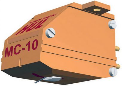 Van den Hul MC-10 Special orange og sort vinylpickup-element, set ovenfra og fra siden, med afrundet rektangulær form