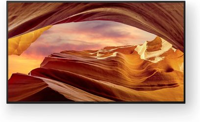 Sony KD65X75WL kõrglahutusega televiisor, ristkülikukujuline ekraan, must raam, kuvab oranžides toonides kaljust maastikku