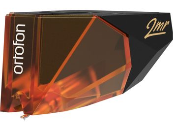 Cápsula para tocadiscos de vinilo Ortofon 2MR Bronze, vista frontal de primer plano, cuerpo negro brillante, punta de lectura naranja translúcida