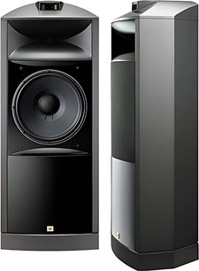 Schwarze Säulenlautsprecher JBL K2 S9800 mit sichtbarem Lautsprecher, Vorder- und Seitenansicht