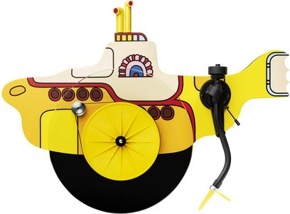 Pro-Ject Yellow Submarine hi-fi turntable shaped like a yellow submarine, featuring a black circular platter, black tonearm, and colorful details.