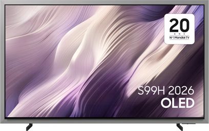 Televizor Samsung TQ83S99H 2026, pohled zepředu, plochá obrazovka s tenkým černým rámečkem s abstraktním fialovo-krémovým vizuálem