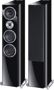 Due colonne Heco Celan Revolution 7 nere laccate, 4 altoparlanti rotondi, piedistalli triangolari color argento