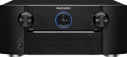 Marantz AV7005 black home theater preamplifier, front view, blue display showing "-39.0dB", two rotary knobs and connectivity