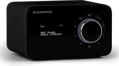 Scansonic SC-R4 radio, sort, forfra, LCD-skærm der viser "BBC Radio Online 128kbps", sølvfarvet drejeknap til højre