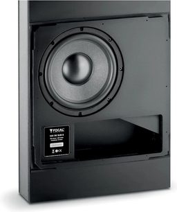 Focal 100 IWSUB8 indbygningssubwoofer, mat sort kabinet, metallisk grå højttaler, sort mærkat