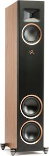 Cassa a colonna Motion F20 con pannello laterale in legno, frontale nero, 3 altoparlanti circolari e piedini metallici