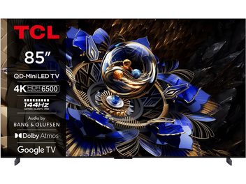TCL 85X11K højopløsnings-tv i sort, slankt mat metalramme, 85-tommer kant-til-kant-skærm, to mørke vinklede fødder, set forfra