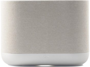 Front view of the Denon Home 400 wireless speaker, rectangular light grey fabric cabinet with rounded white base