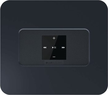 BlueSound Vault 2 sort netværksaudioafspiller, set forfra, afrundet rektangulær form, sort gitter, skærm og kontrolknapper