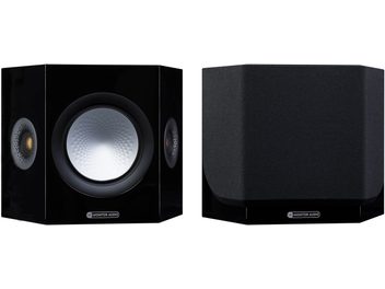 Monitor Audio Silver FX 7G bipolar baghøjttaler, sort lakeret, set forfra og bagfra, gylden diskanthøjttaler