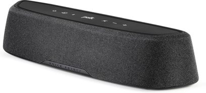 Polk Audio MagniFi Mini AX sort soundbar, set oppefra, aflang afrundet form, sort tekstilgitter, knapper på toppen
